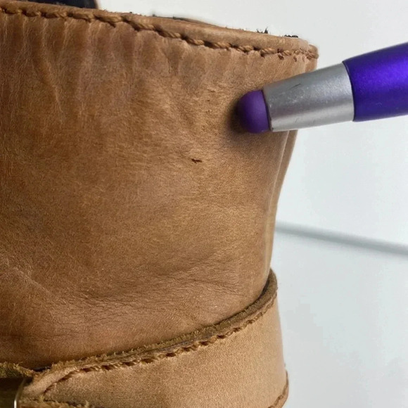 Brown tan genuine leather eyelet buckle low heel round toe ankle bootie sz 36 - Picture 14 of 17